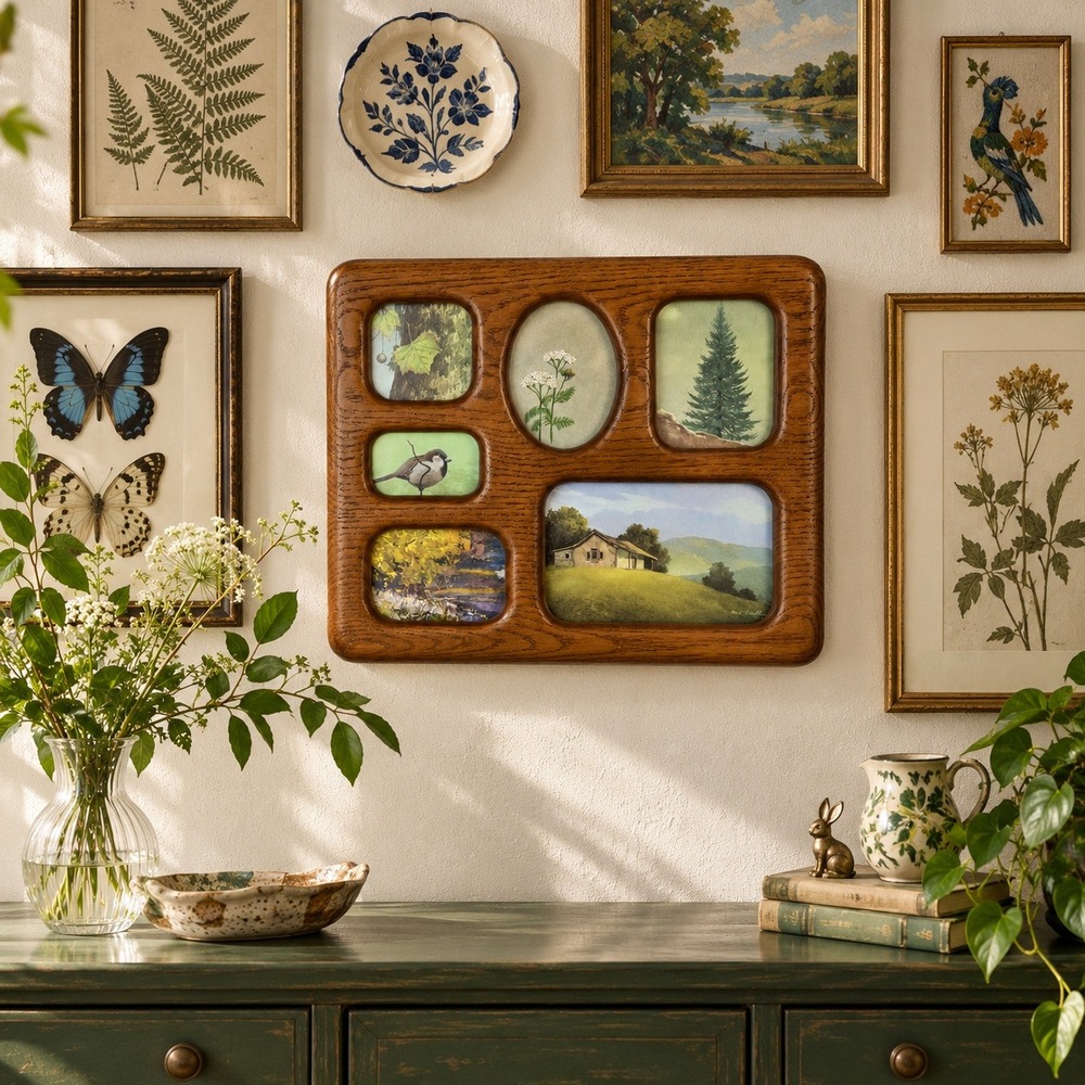 Vintage 1970s Faux Wood Six Opening Collage Frame, Wall or Tabletop